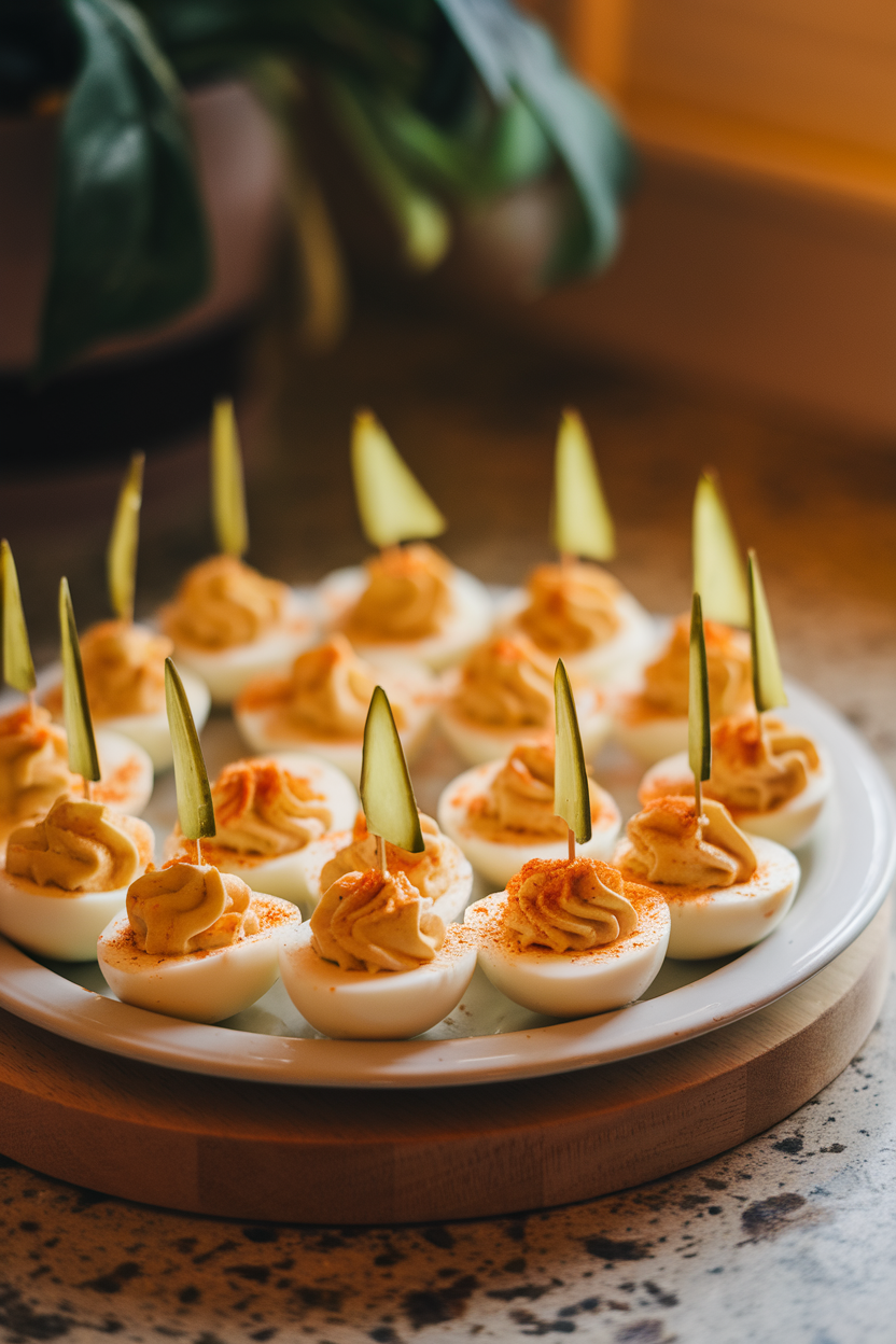 Photo of an indoor white tray filled with halved deviled eggs topped with paprika and tiny pickle sails on toothpicks. Warm countertop lighting; no text or logos.