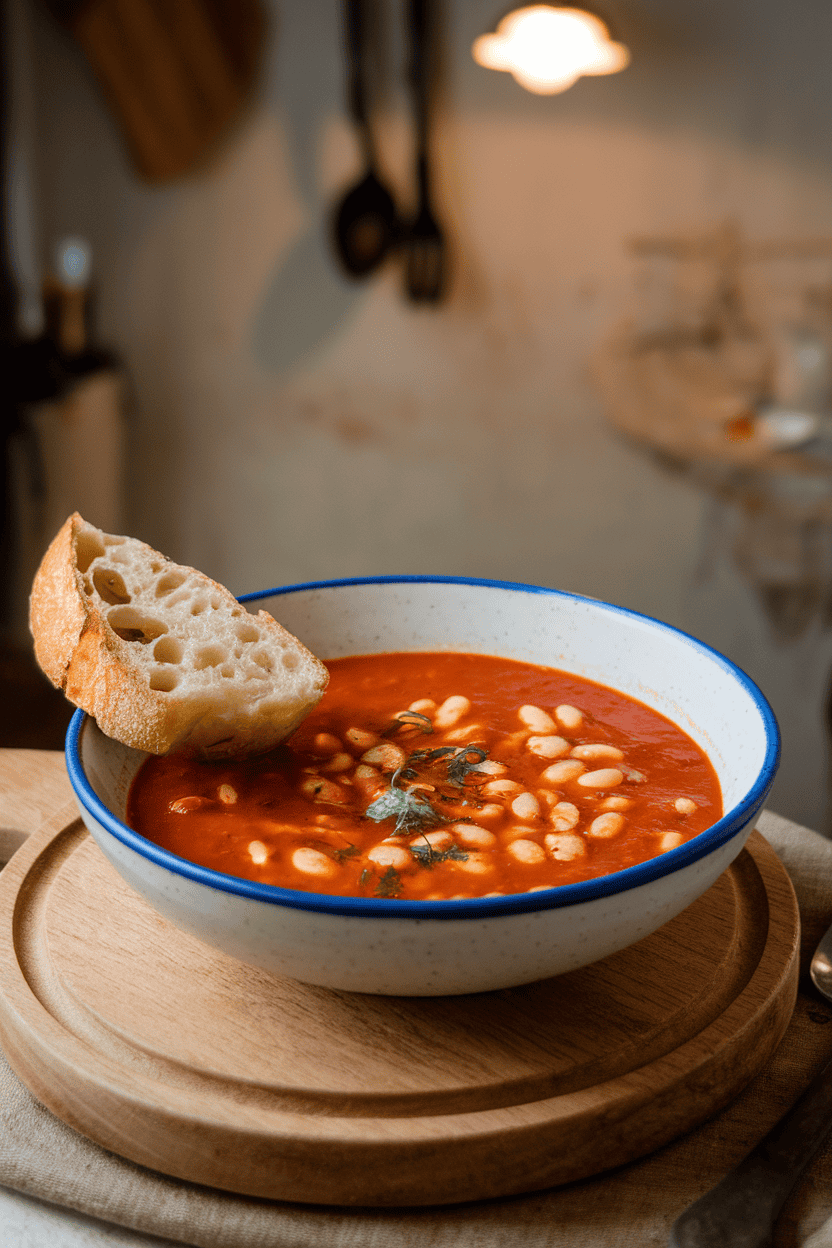 Indoor photo of a bowl of thick white-bean stew in tomato broth, garnished with a drizzle of olive oil and a wedge of bread on the side. No text or logos present.