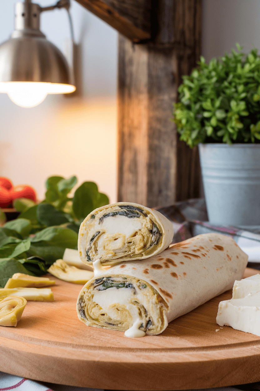 Indoor breakfast nook scene featuring a burrito cut to reveal creamy spinach-artichoke filling with melted mozzarella. No logos or text. Photo, not illustration.