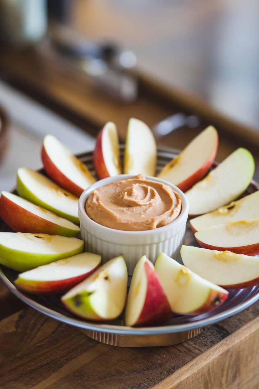 Indoor snack tray displaying crisp apple wedges around a small ramekin of creamy peanut butter dip, no text or logos.