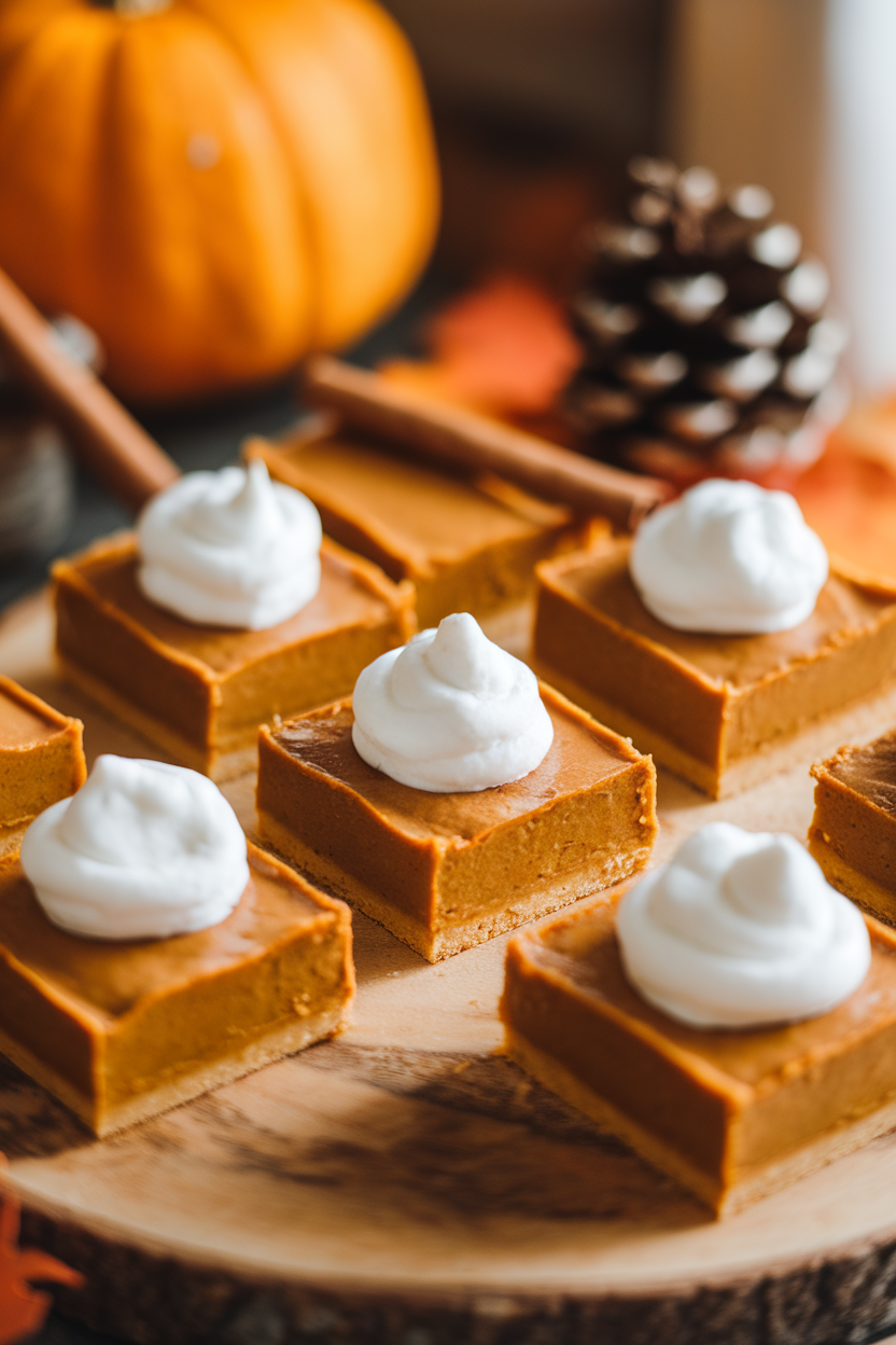 Indoor photo of square pumpkin pie bars with coconut whipped cream dollops, golden crust visible; autumnal props; no text or logos. Photo, not illustration.