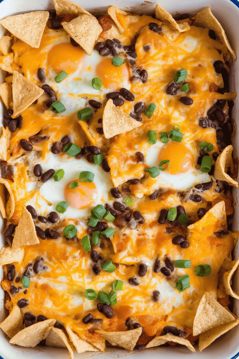 An indoor casserole dish heaped with tortilla chips, scrambled eggs, black beans, and melted cheddar, garnished with green onions; no text or logos, bright overhead light. Photo, not illustration.