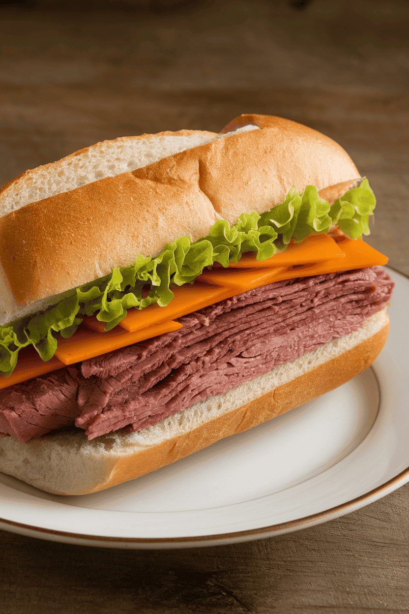 Indoor photo of a sub roll filled with roast beef, sharp cheddar, and crisp lettuce, cut on the bias, no text or logos.
