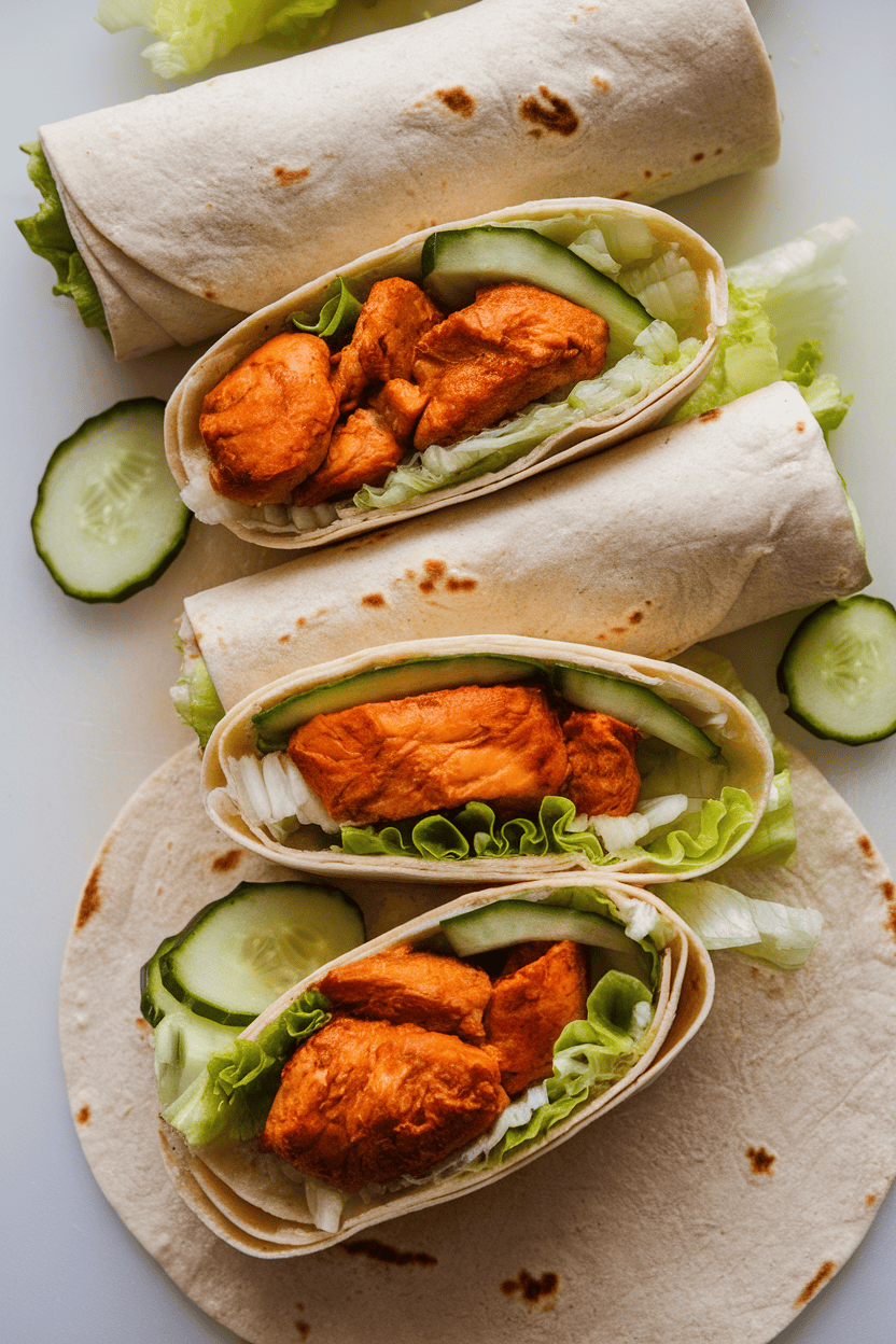 Indoor cutting board with flour tortillas rolled around orange-tinted chicken tikka pieces, lettuce, and cucumber ribbons; wrap sliced on a diagonal. No text or logos.