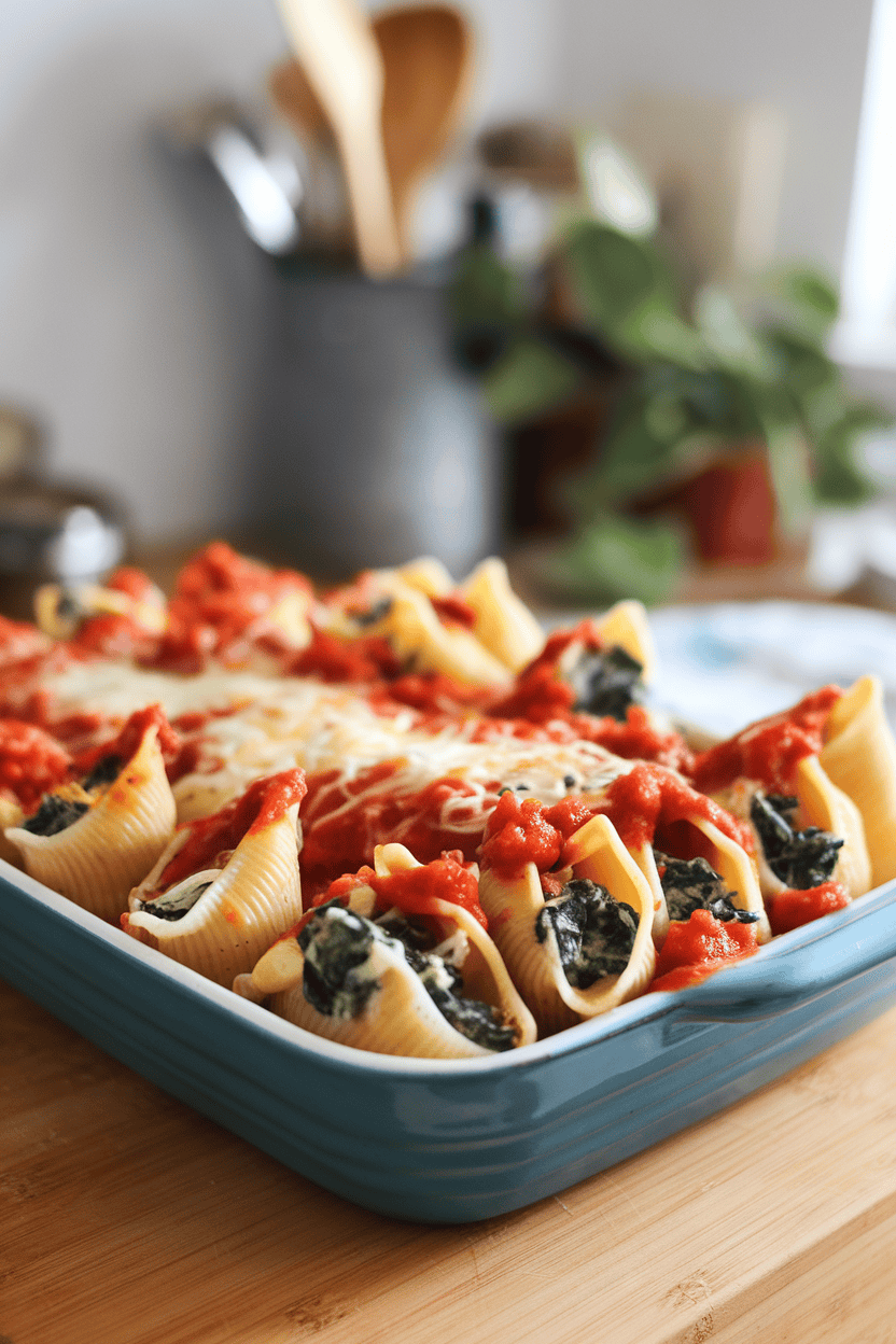 A casserole dish on an indoor counter filled with jumbo pasta shells stuffed with spinach-ricotta mixture, marinara spooned on top, cheese melted and bubbly. No text or logos present.