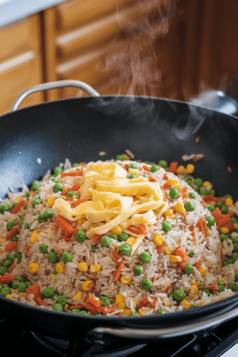 Indoor wok containing colorful fried rice with peas, carrots, corn, and scrambled egg ribbons, steam rising. No text or logos.