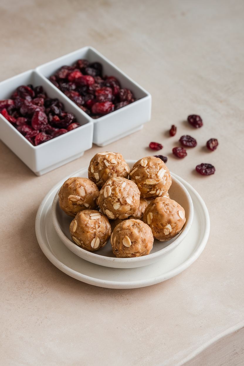 Indoor kitchen counter photo of peanut butter oat protein balls lined up next to dried cranberries in a small divided box. Neutral backdrop, logo-free dishware.