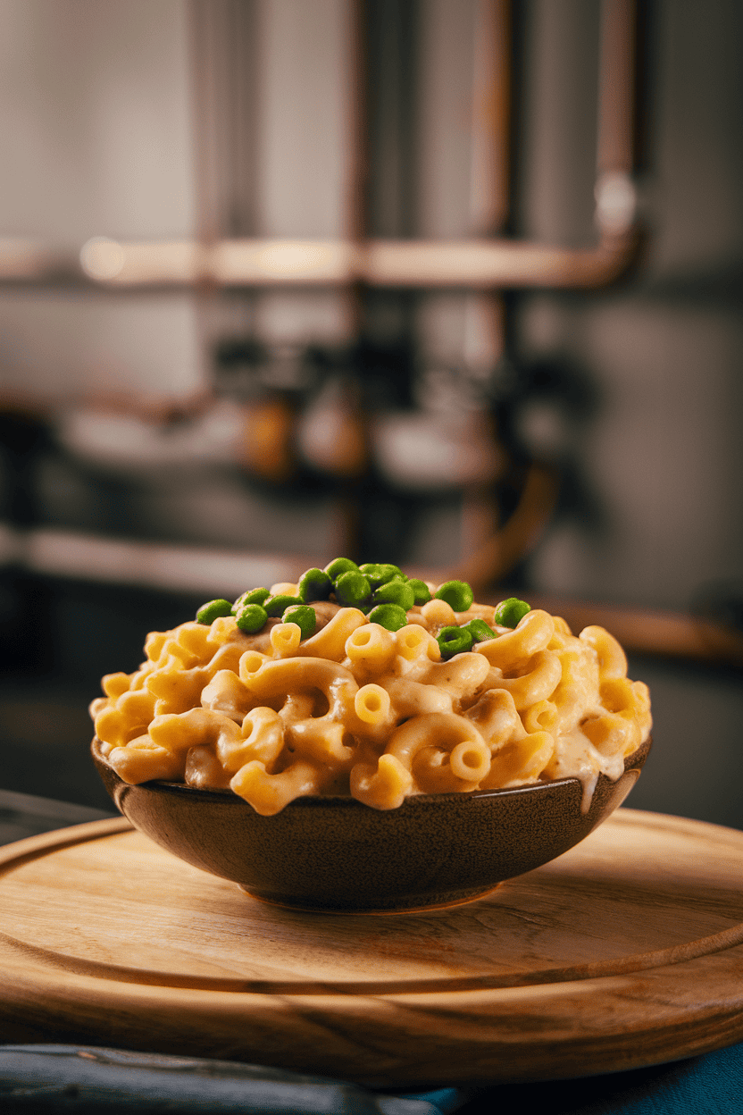 Photo of a bowl of creamy macaroni and cheese dotted with bright green peas under warm indoor light; no text or logos.