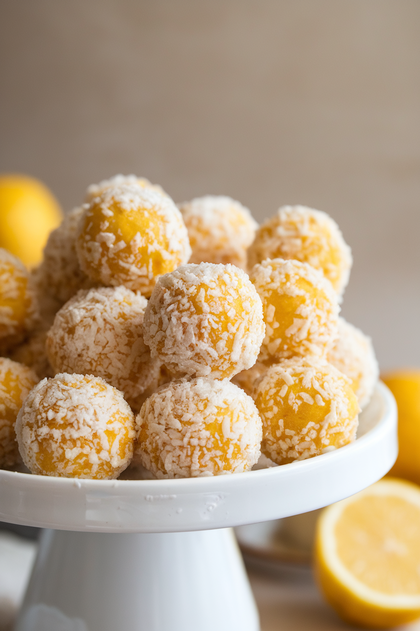 Indoor photo of small lemon coconut balls rolled in desiccated coconut, arranged on a white platter; neutral backdrop; no text or logos. Photo, not illustration.