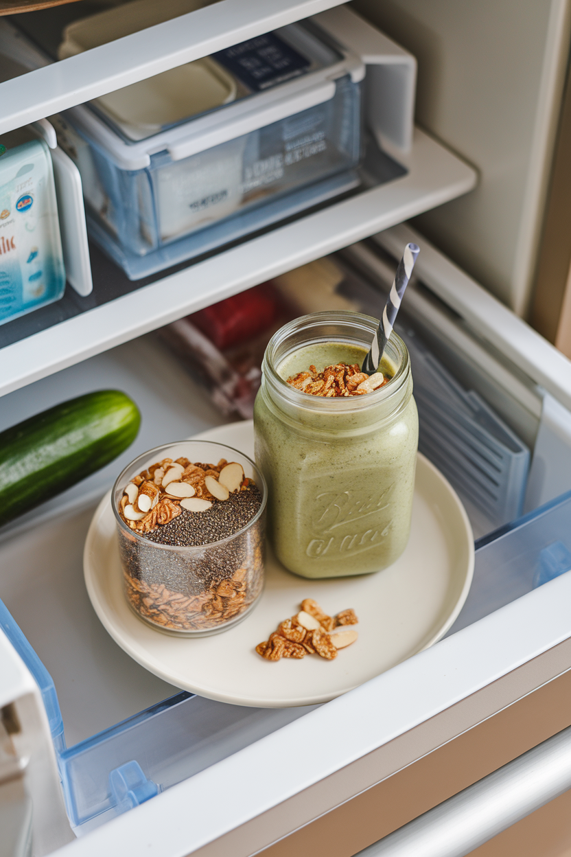Indoor fridge drawer photo showing a sealed mason jar of thick green smoothie alongside a toppings cup of granola, chia seeds, and sliced almonds. No logos or text.