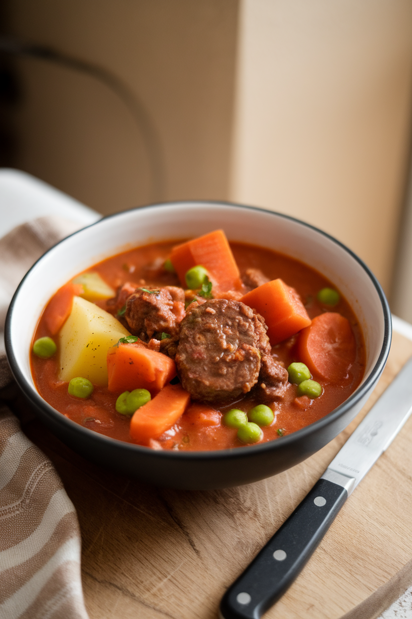 Indoor bowl of chunky beef stew featuring carrots, potatoes, peas, and hamburger meat in a tomato-broth base. No branding or text. Photo, not illustration.