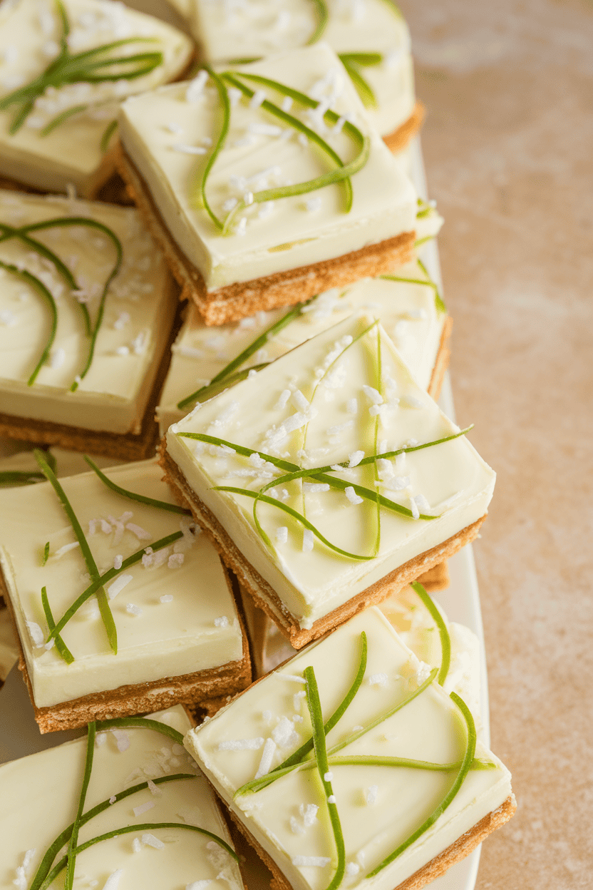 Indoor photo of chilled, no-bake square cookies with a coconut-graham crust and creamy lime layer, plated neatly, overhead lighting, no text or logos