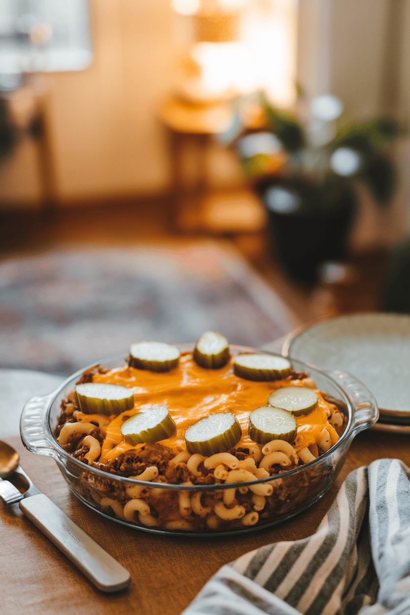 Photo of a warmly lit indoor table with a casserole of elbow macaroni, seasoned beef, melted cheddar, and pickle slices arranged on top. No text or logos visible.