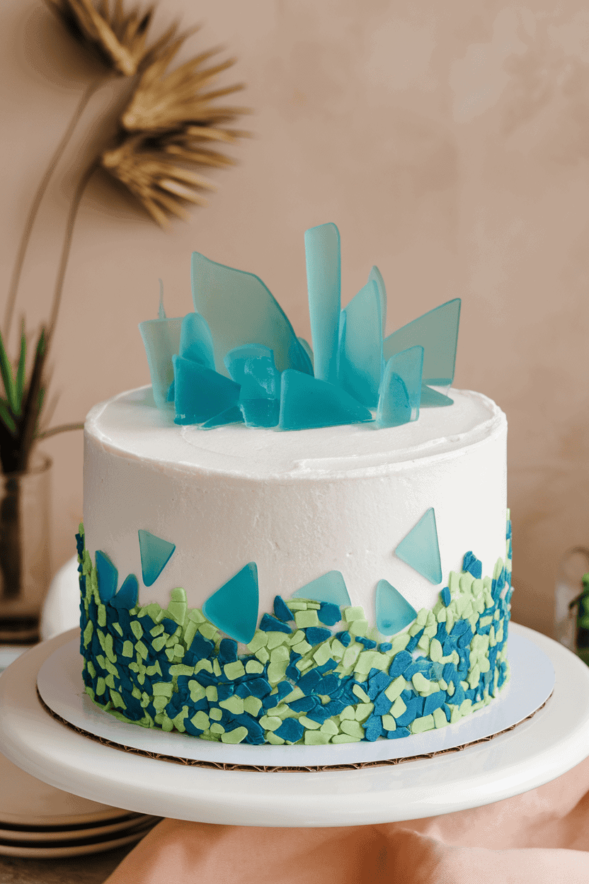Indoor photo of a white-iced round cake with translucent blue and green gelatin “sea glass” shards scattered across the top; no text or logos.