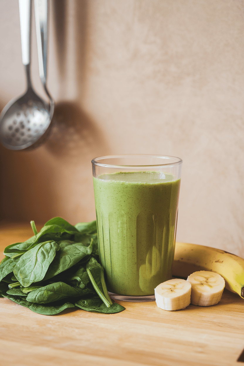An indoor countertop with a vivid green smoothie in a clear tumbler, spinach leaves and half a banana arranged artfully nearby. Photo, no text or logos.