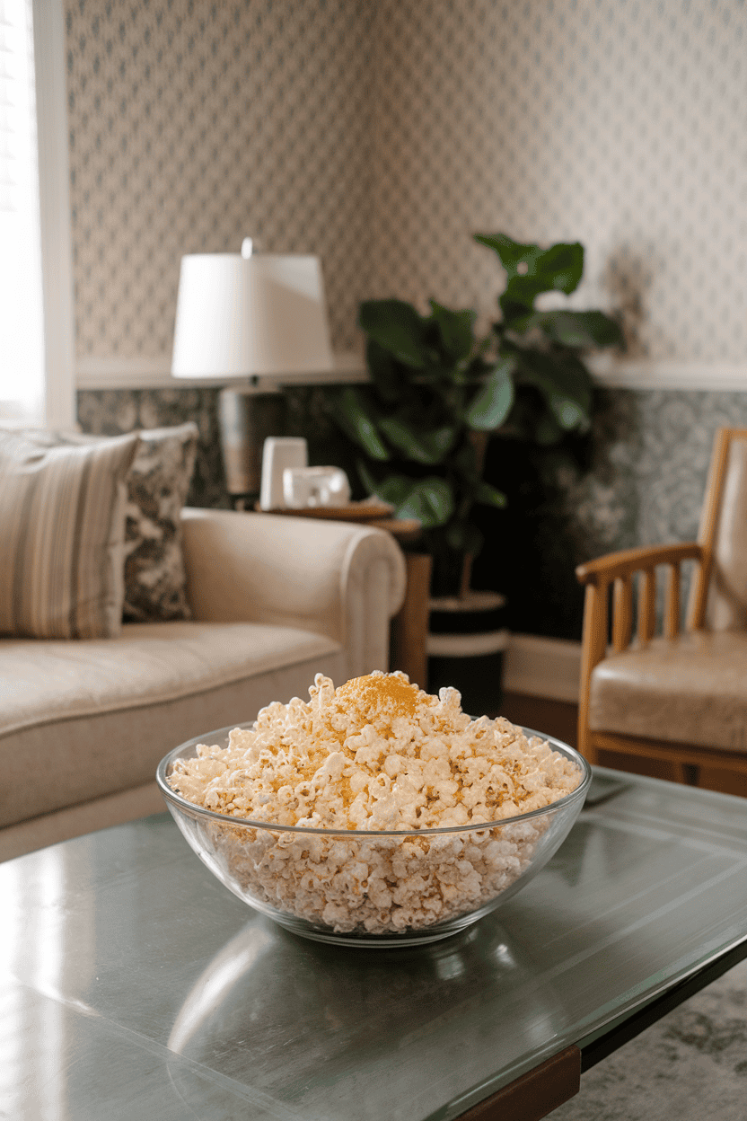A cozy indoor living-room coffee table with a large bowl of freshly popped plain popcorn dusted lightly with golden nutritional yeast flakes. No text or logos. Photo, not illustration.
