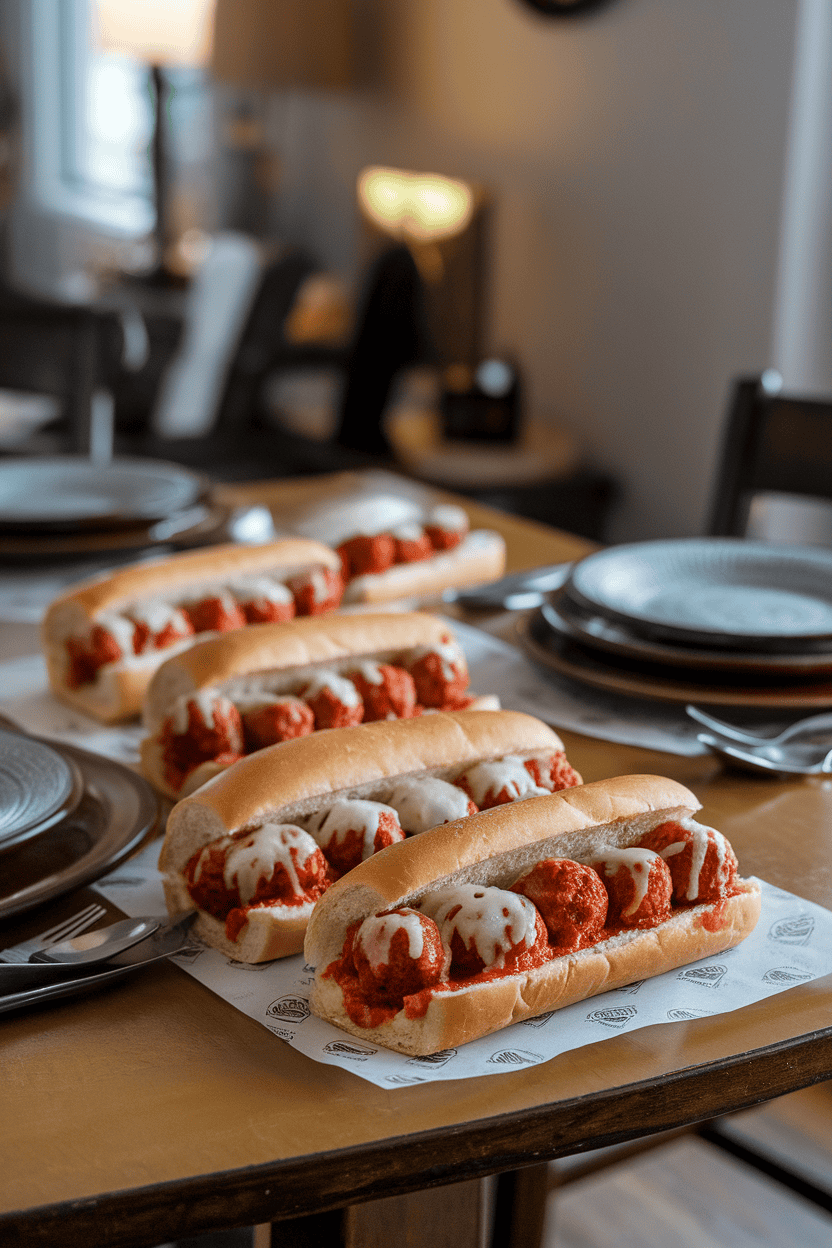 Indoor dining table featuring several small sub rolls filled with bite-sized meatballs in marinara sauce, cheese lightly melted on top, no logos anywhere.