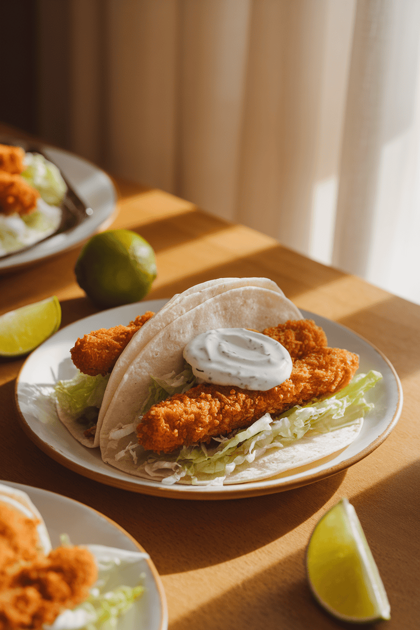 A warmly lit indoor dining table with soft tortillas filled with crispy baked fish sticks, shredded lettuce, and a swirl of yogurt sauce, lime wedges on the side. No text or logos shown.