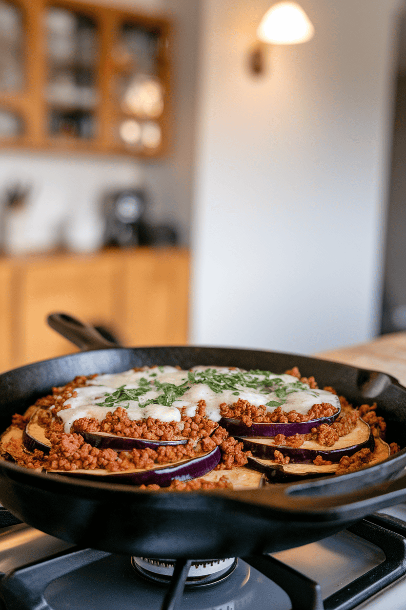 A cast-iron skillet on an indoor stove containing layered eggplant rounds and spiced ground beef under a creamy topping; photo, no text or logos.