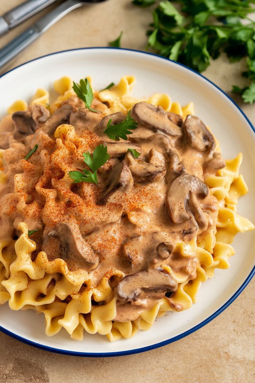 Indoor photo of a plate of egg noodles coated in creamy mushroom sauce, paprika dusted lightly on top. No text or logos present.