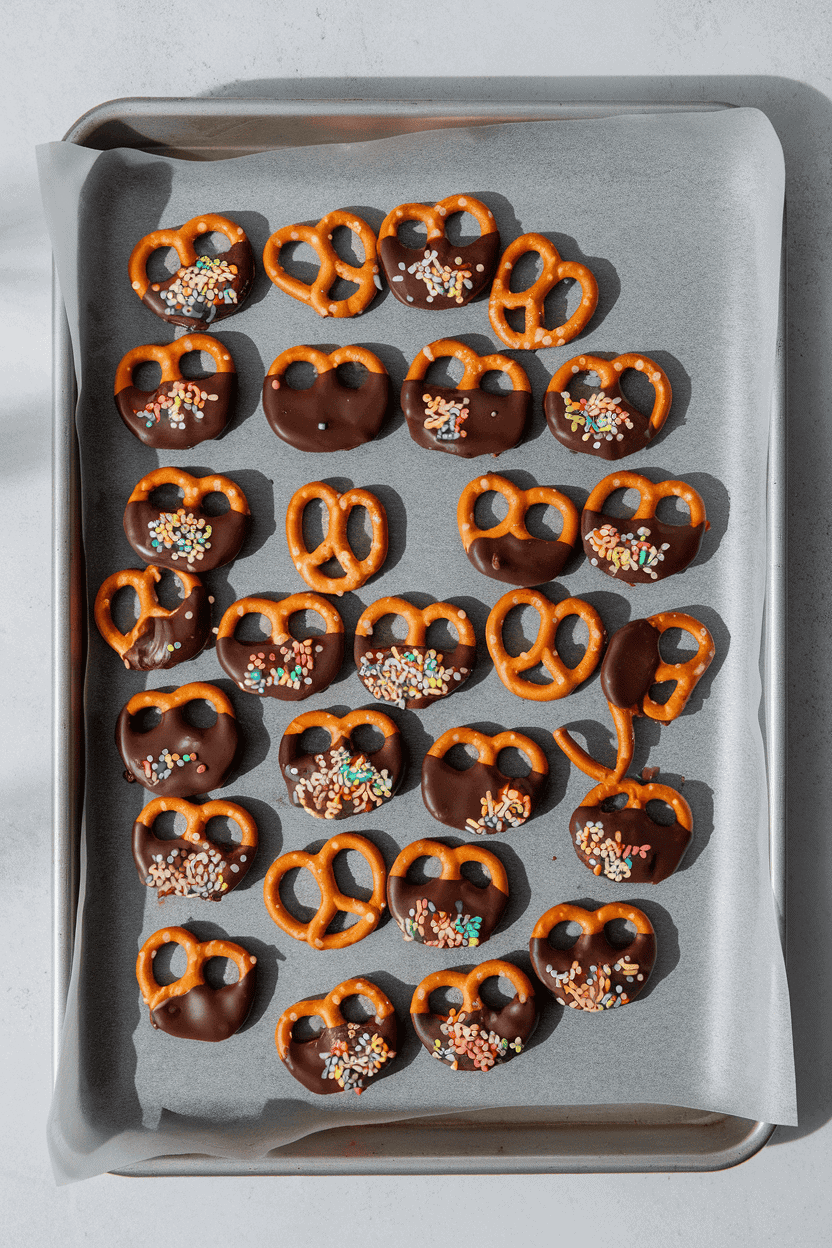 Indoor baking sheet lined with parchment containing half-dipped mini pretzels coated in chocolate, sprinkles optional. Soft light, no text or logos, photo only.