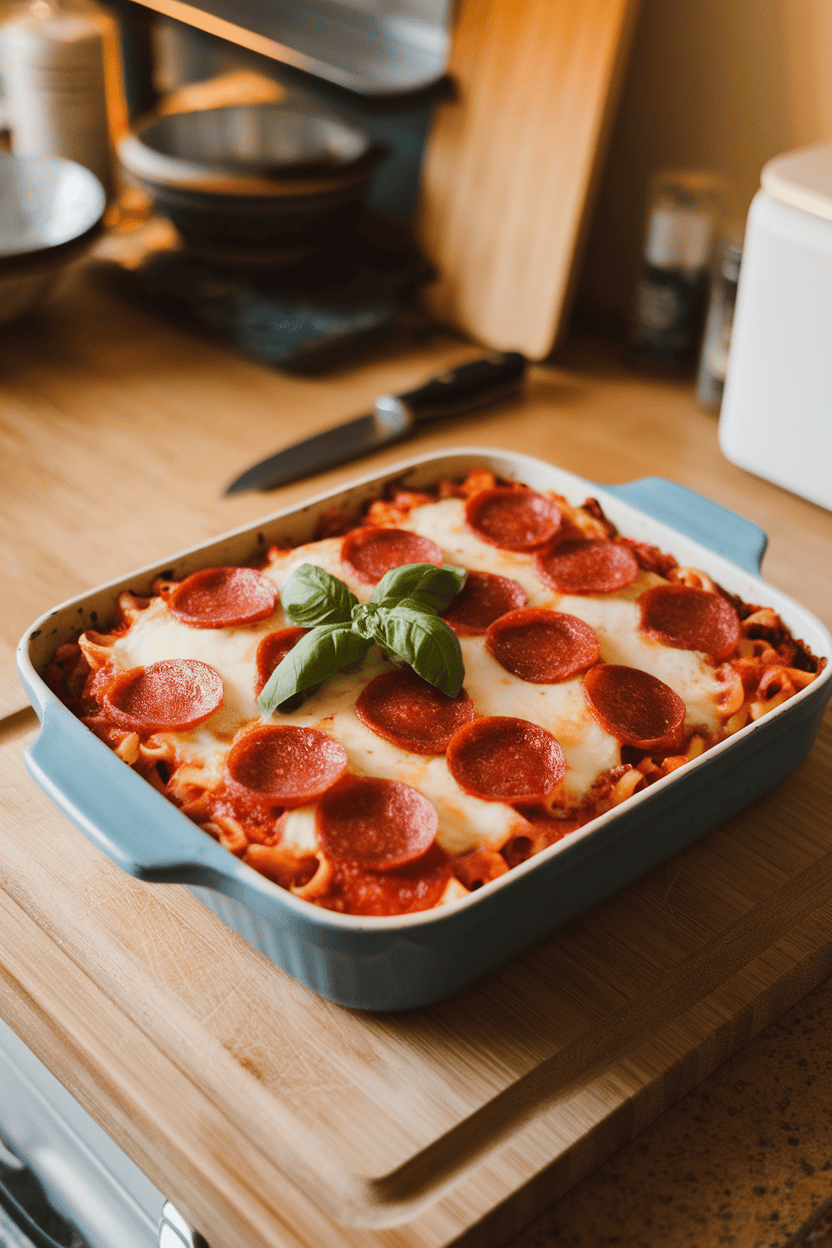 An indoor countertop featuring a casserole dish of baked pasta topped with pepperoni slices and melted mozzarella. No text or logos visible.