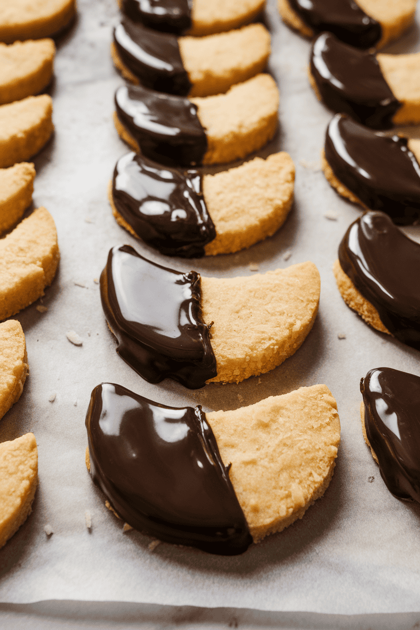 Indoor photo showing half-moon coconut shortbread cookies, one side dipped in glossy dark chocolate, lined up on parchment, overhead lighting, no text or logos