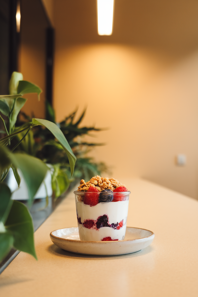 Photo — an indoor break-room counter showing a clear glass jar layered with plain Greek yogurt, fresh berries, and a light dusting of granola on top. Warm overhead lighting; no text or logos.