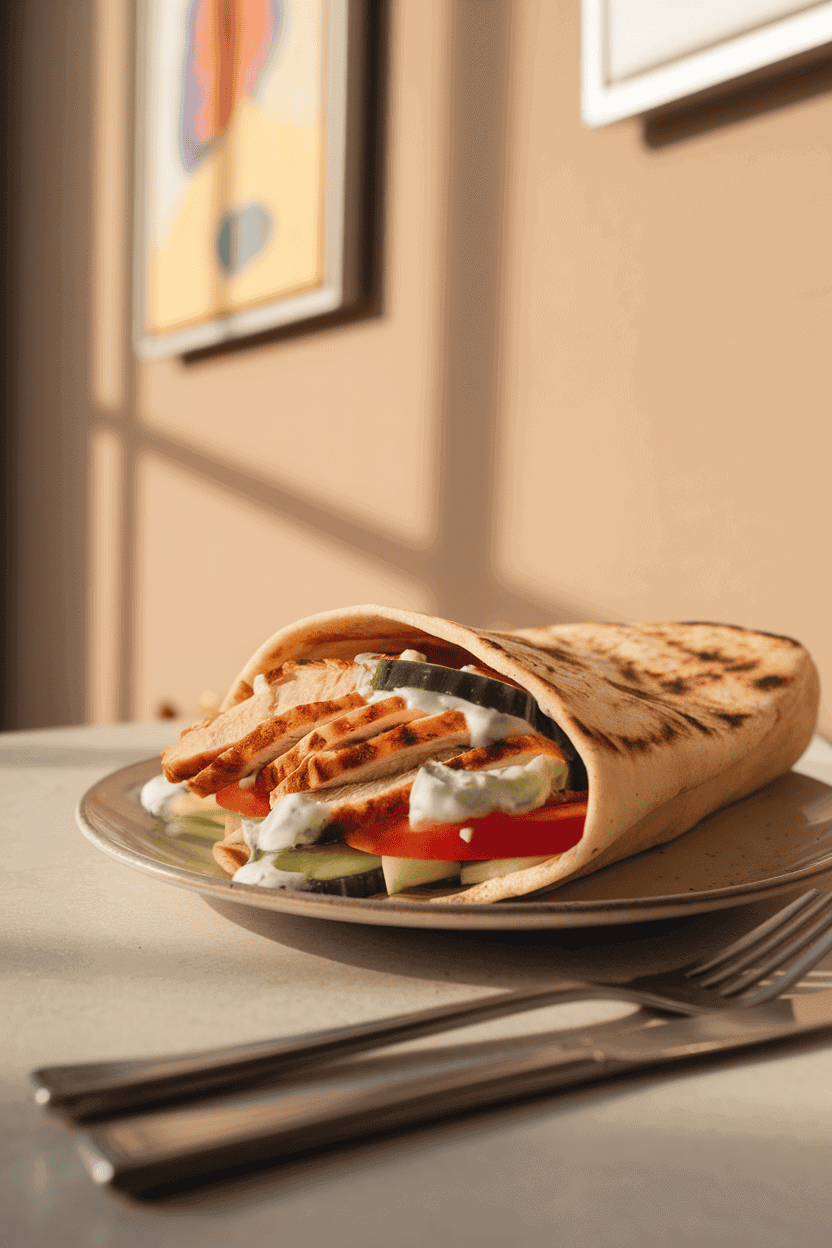 Photo of a pita wrap filled with sliced grilled chicken, cucumber, tomato, and tzatziki sauce on a plate indoors. Soft, warm lighting; no logos or text.