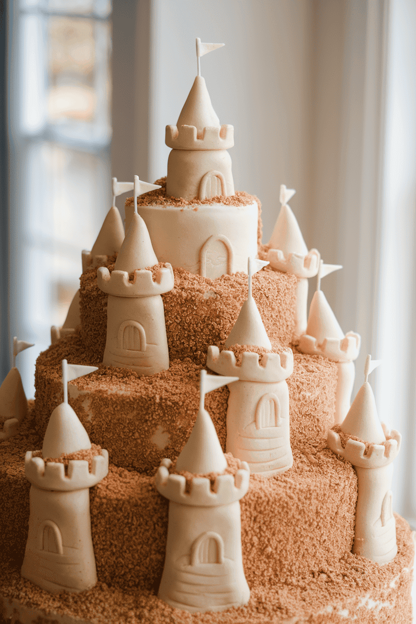 Indoor photo of a multi-tier vanilla cake sculpted to resemble a sand castle, covered in finely crushed cookie “sand,” with small fondant flags on the towers; soft window light; no text or logos.