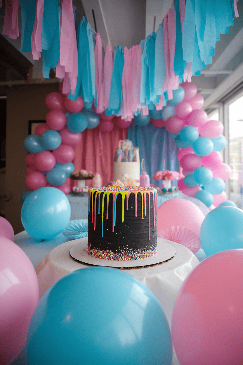 An indoor party table with a black-frosted cake featuring bright neon drizzle lines, photographed under regular light (not UV). No text or logos; photo only.