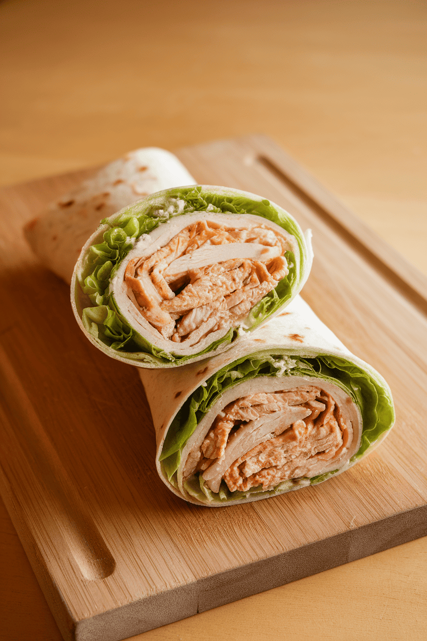 A neatly sliced chicken Caesar wrap displayed on an indoor cutting board, lettuce and grated Parmesan visible. Warm indoor light, no text or logos.