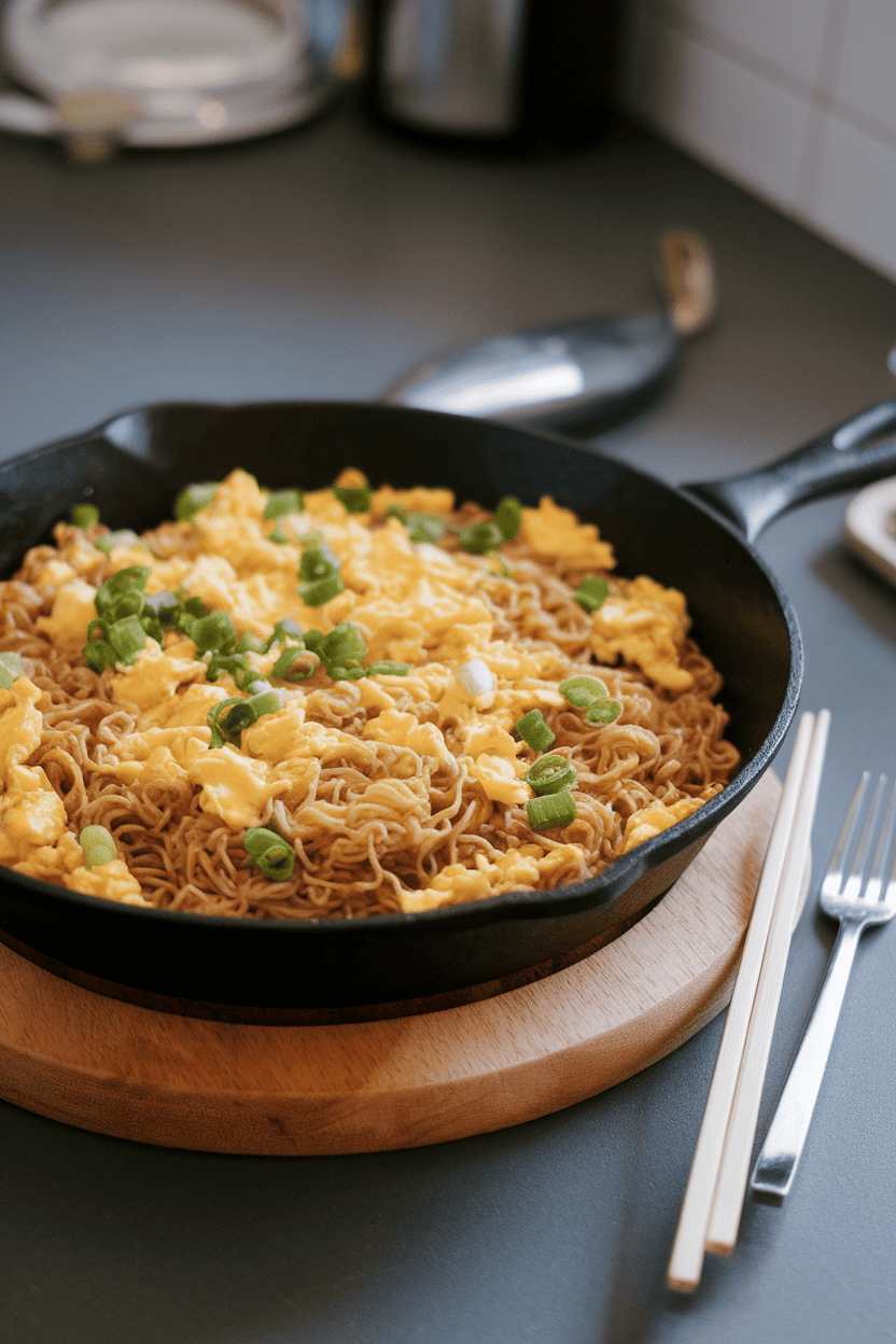 Indoor countertop view of a skillet filled with ramen noodles stir-fried with scrambled eggs and scattered scallions, no text or logos present.
