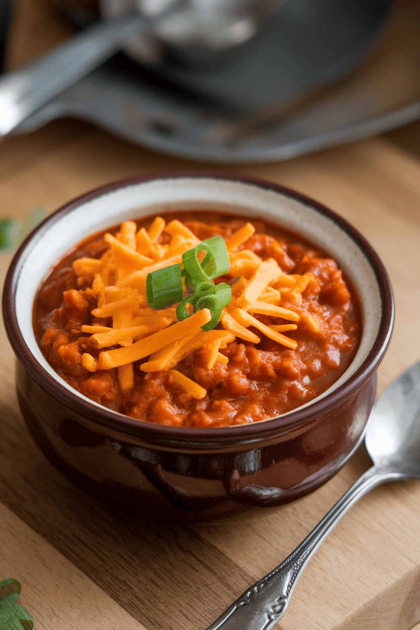 Indoor photo of a ceramic bowl filled with turkey chili topped with shredded cheddar and green onion; no text or logos.