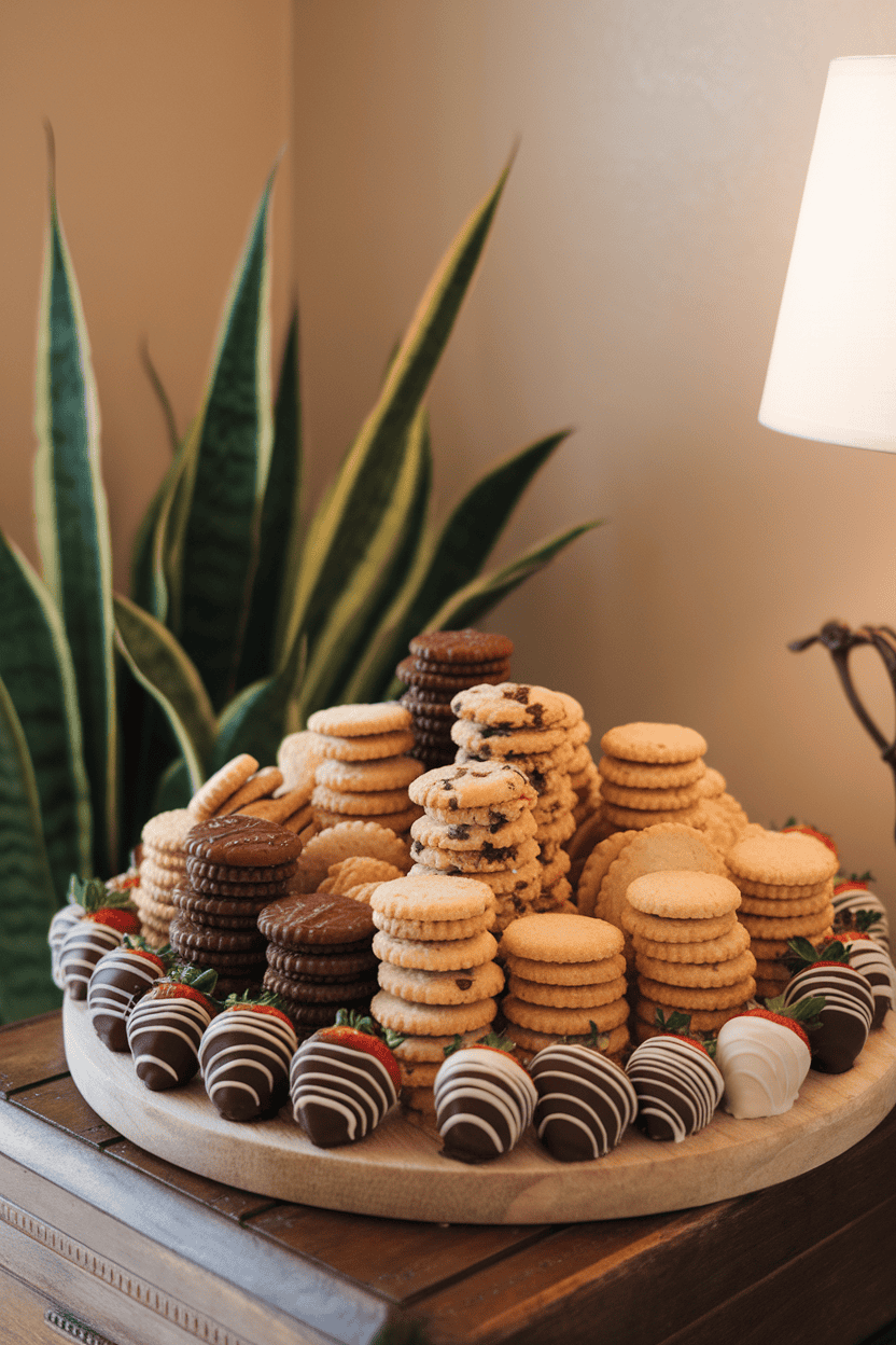 An indoor dessert board with an array of chocolate chip, oatmeal, and shortbread cookies stacked in small piles. No text or logos, photo style.