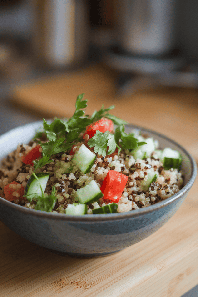 Photo prompt: Indoor bowl of quinoa tabbouleh featuring parsley, diced cucumber, and tomato; no logos, no text.