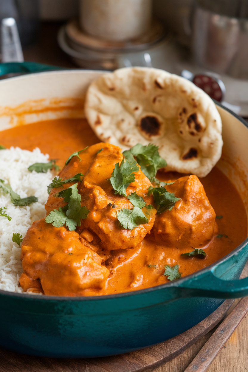 Indoor photo of creamy orange chicken tikka masala garnished with cilantro inside a Dutch oven. No logos or text.