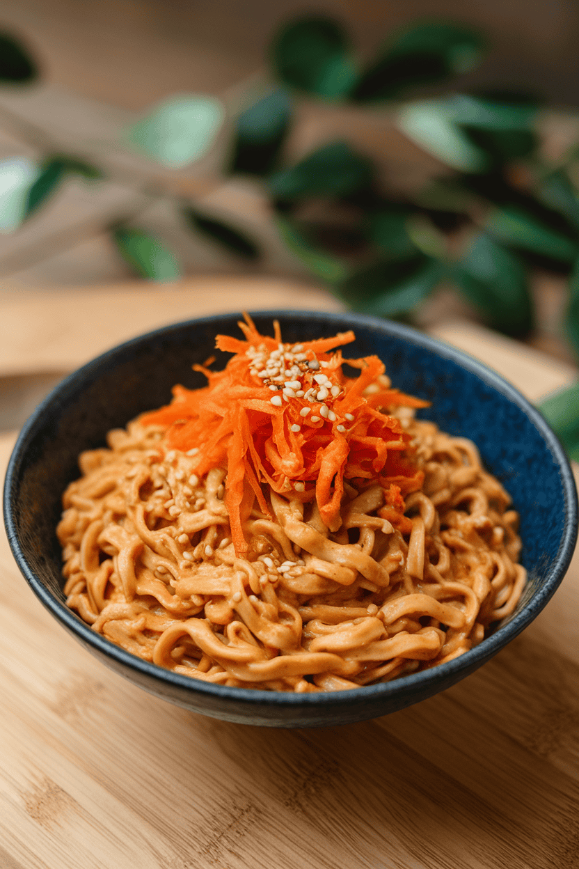 Photo indoors of a bowl of ramen noodles coated in creamy peanut sauce, topped with shredded carrots and sesame seeds; no text or logos.