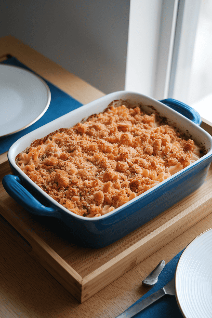Indoor dining table showcasing a ceramic baking dish of tuna noodle casserole topped with crunchy breadcrumbs, edges bubbling, no text or logos present.