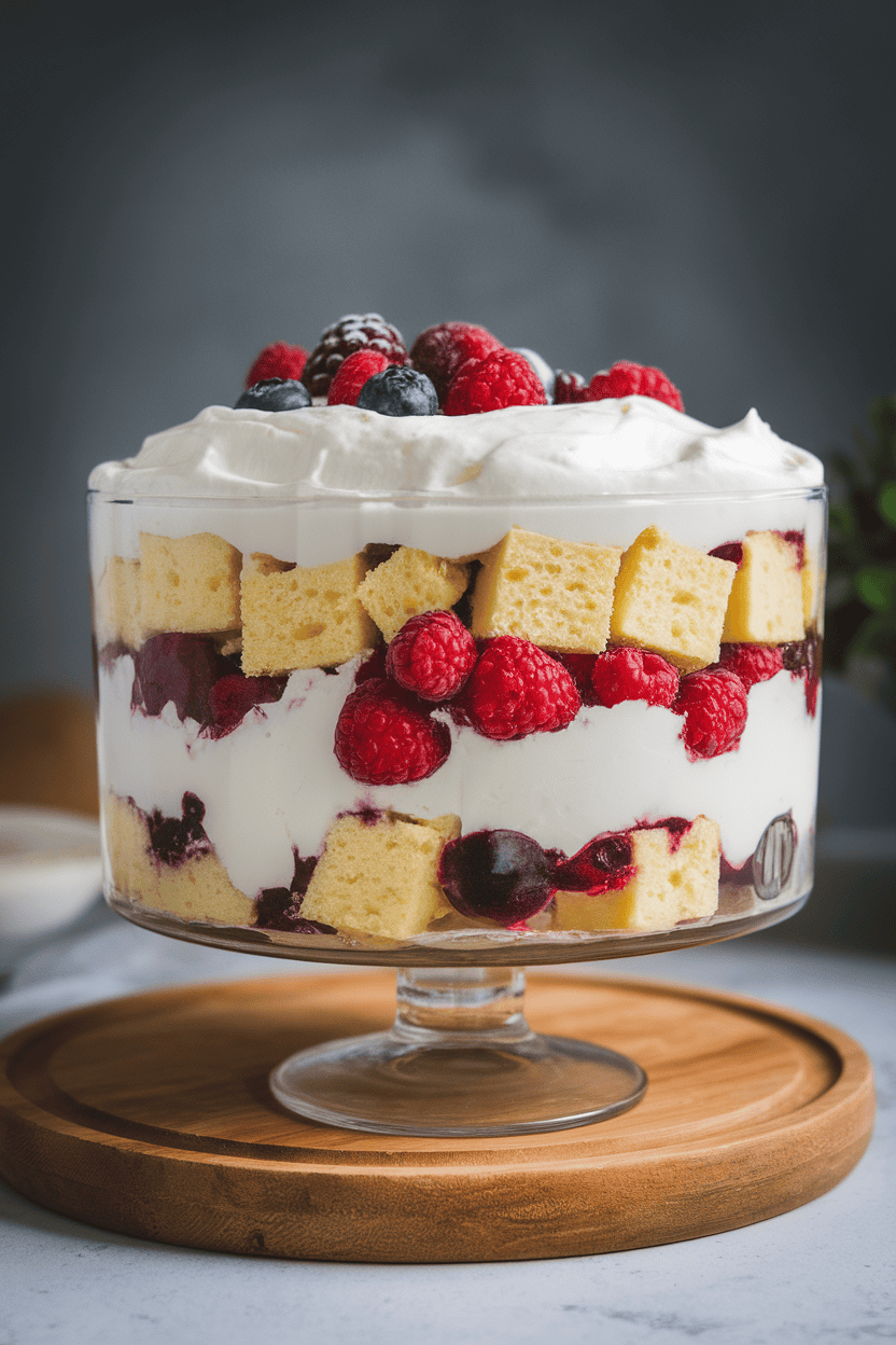 Indoor photo of a clear glass trifle dish showing layers of pound cake cubes, mixed berries, and whipped cream; soft kitchen light; no text or logos