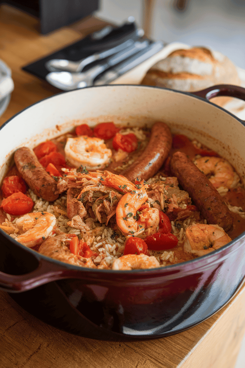 A Dutch oven on an indoor table filled with cooked rice, sausage, chicken, shrimp, and tomatoes all in a reddish broth—photo, no text or logos.