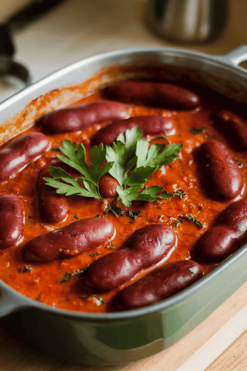 Warm indoor casserole dish of baked giant beans in a rich tomato-herb sauce, parsley sprinkled on top. No text or logos visible.