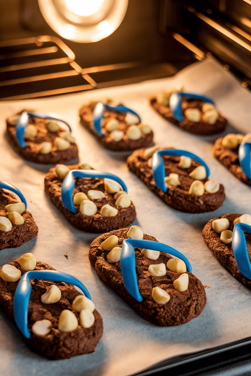 Indoor photo of small, dense brownie cookies with chopped macadamias, arranged in pairs like flip-flop shapes on parchment, warm oven light, no text or logos