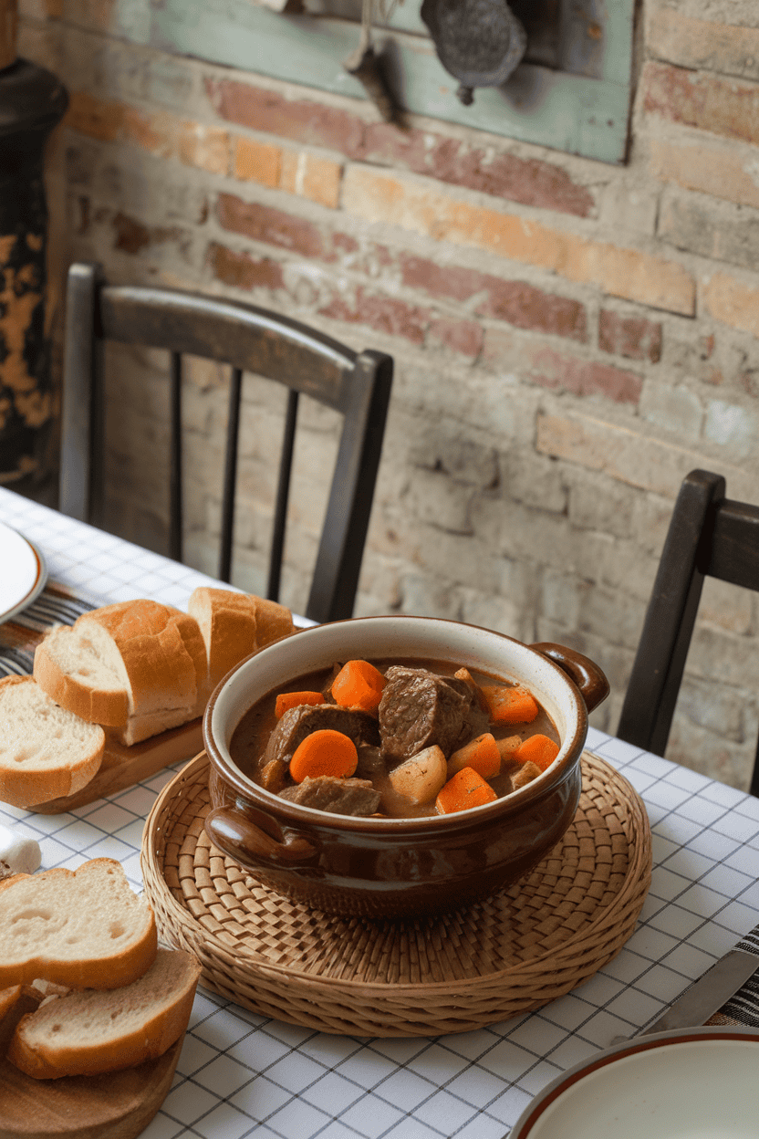 A cozy indoor dining table with a ceramic bowl of beef stew brimming with tender chunks of beef, carrots, and potatoes in rich gravy, no visible branding.