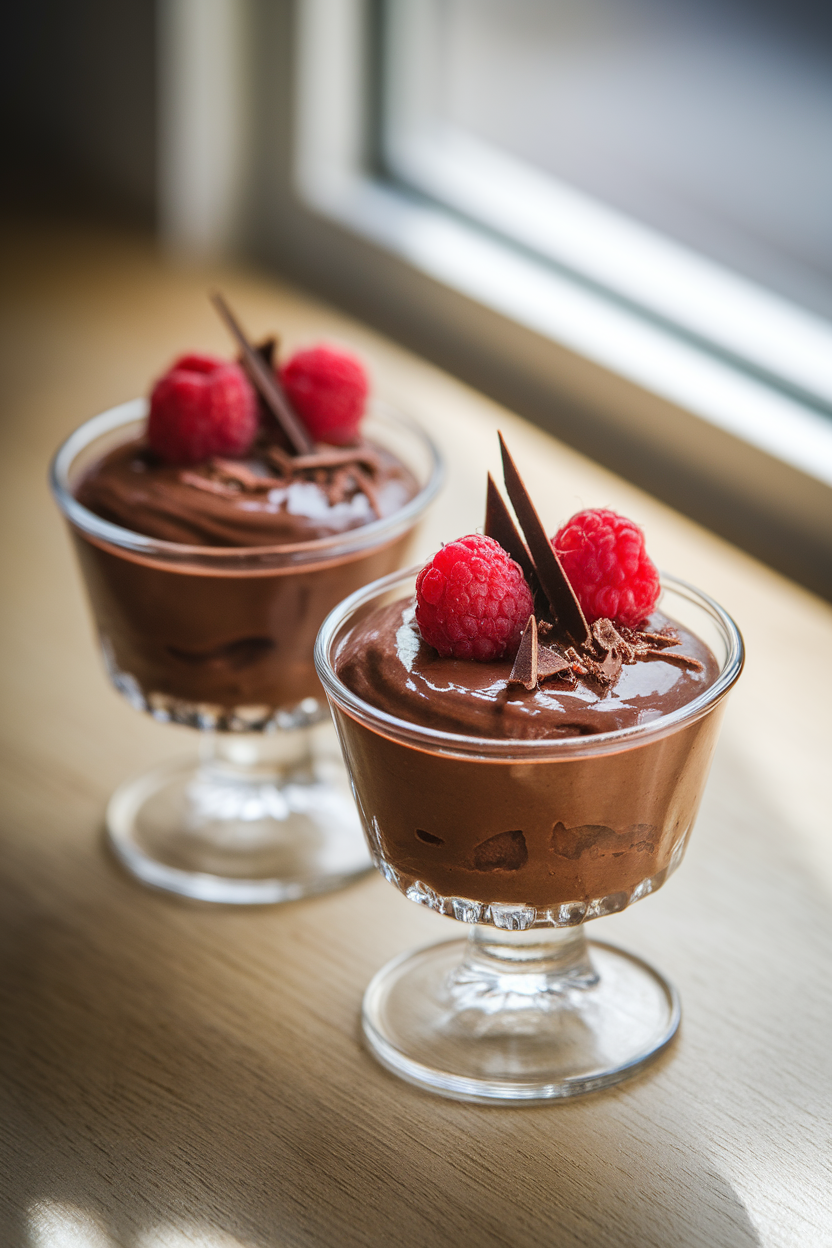 Indoor photo of two small glass dessert cups filled with glossy dark-chocolate avocado mousse, topped with a few raspberries and shaved chocolate; soft window light from the side; no text or logos anywhere. Photo, not illustration.