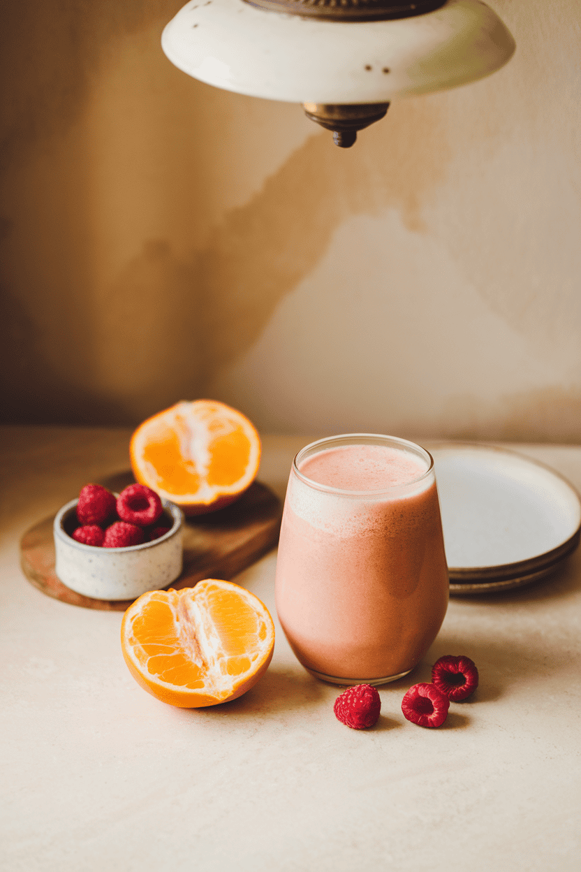 A softly lit indoor scene with a stemless glass of peach-raspberry smoothie, a peeled orange half and a few raspberries scattered beside it. Photo, no text or logos.