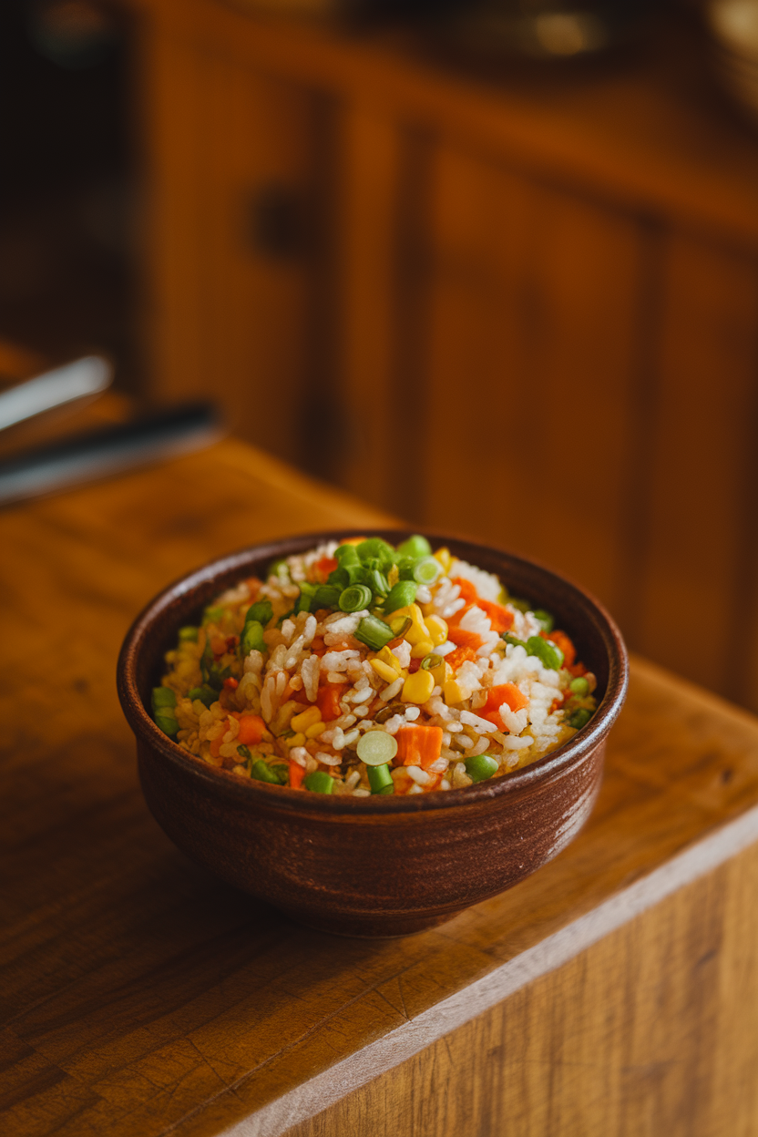 Indoor photo of a ceramic bowl filled with colorful vegetable fried rice—peas, diced carrots, corn, and scallions—shot from a slight overhead angle on a wooden table. Warm lighting, no text or logos anywhere in the scene.