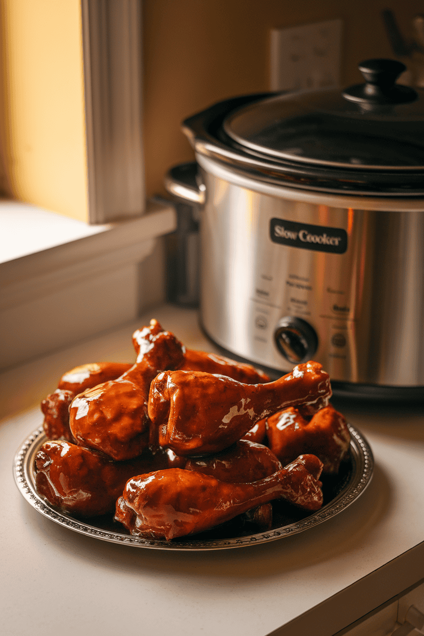 A softly lit indoor kitchen counter showing a slow cooker beside a platter of glazed barbecue chicken drumsticks, sauce glistening under warm light. No text or logos.