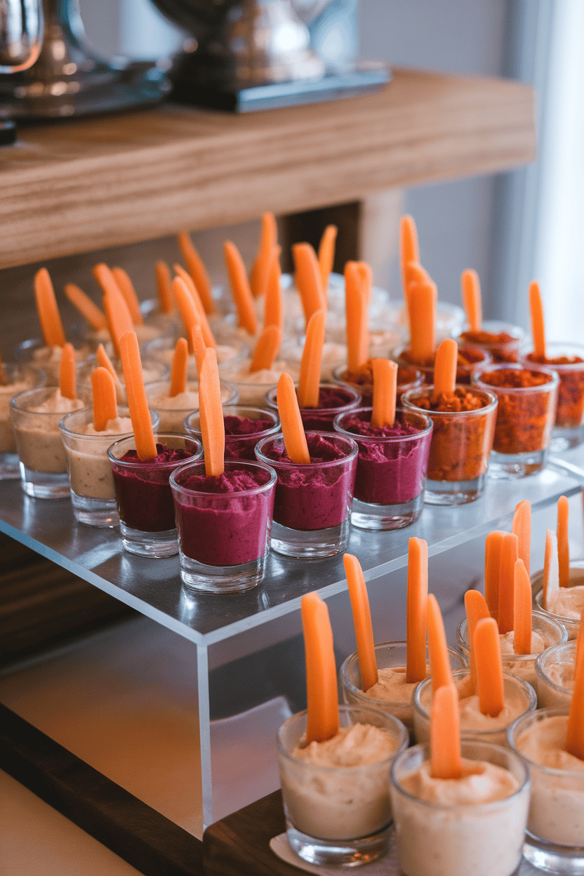 An indoor buffet featuring three rows of clear shot glasses layered with classic, beet, and spicy hummus, topped with mini carrot sticks. No text or logos present; photo only.