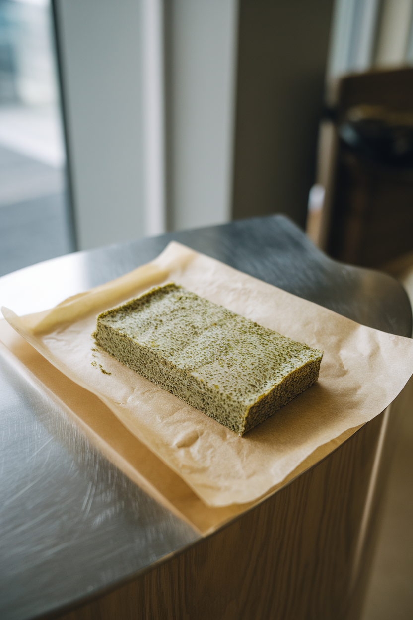 Photo — an indoor office reception table with a rectangular homemade matcha chia bar on parchment, green flecks visible throughout. Balanced lighting; no text or logos.